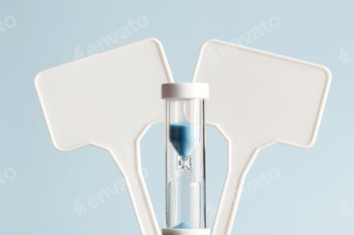 Preview: two blank sign with hourglass on blue background. copy space for your text. close up. comparison