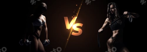 Preview: Two Athletes Posing Against A Black Background. Bodybuilding Versus Fitness Concept. Mixed Media