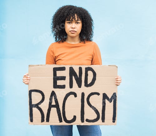 Preview: Black woman protest, sign and anger in portrait, racism and equality, human rights and freedom isol