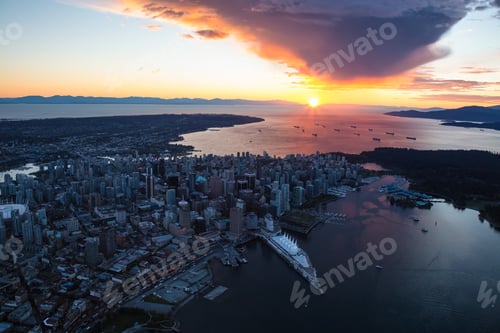 Preview: Aerial view of Downtown Vancouver on the West Coast. Colorful Sunset