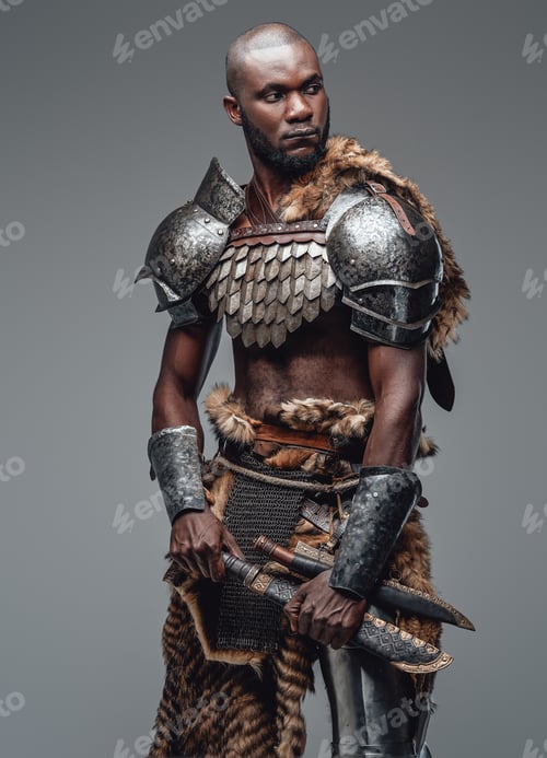 Preview: Wild ancient soldier with shaved head and black skin with a blade
