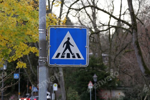 Preview: Blue road crossing sign on a pipe surrounded by trees with a blurry background