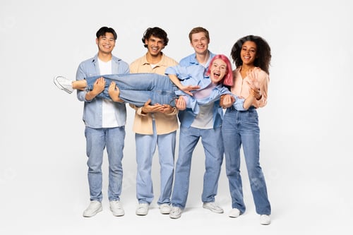 Preview: Youth and fun. Group of excited multiracial students holding friend and smiling at camera, white