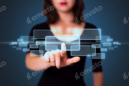 Preview: Businesswoman Pressing High Tech Type Of Modern Buttons On A Virtual Background