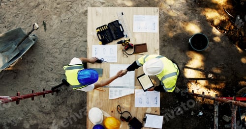 Preview: Blueprint, construction and men at table shaking hands with collaboration, agreement and inspection