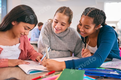 Preview: Three Female Secondary Or High School Students Collaborating In Study Area