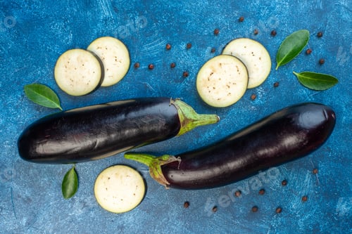 Preview: top view black eggplants on blue background photo color ripe food salad
