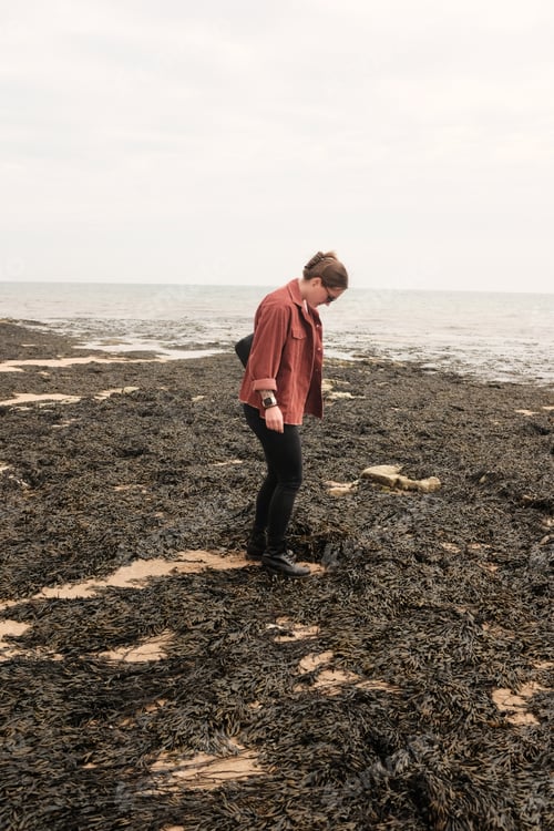 Preview: Woman Exploring a Beach Covered in Seaweed