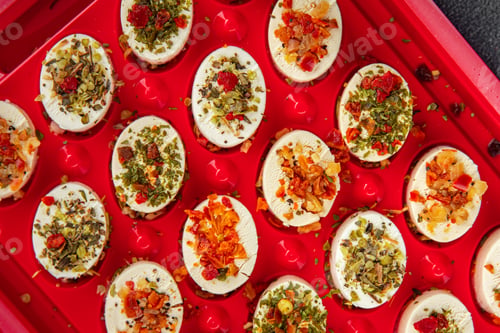 Preview: cheese appetizer soft cheese with herbs and tomatoes pieces fresh tasty food dish delicious gourmet