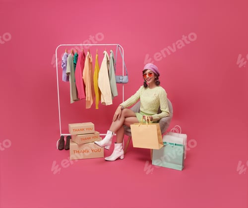 Preview: Happy asian teen woman shopping clothing in fashion store shopping mall isolated on pink background.