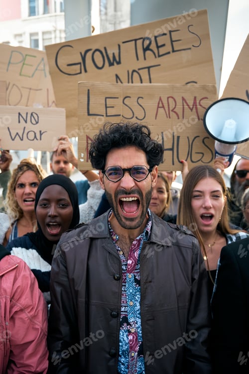 Preview: Multiracial diverse ages people protesting against war and violence in the world. Group of activists