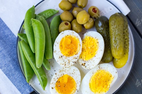 Preview: Top view of a white plate with hard-boiled eggs, green beans, pickles, and green olives.