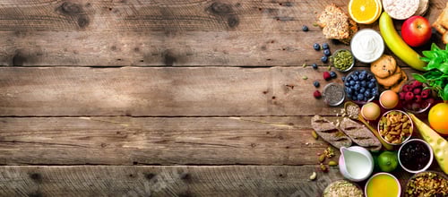 Preview: Healthy breakfast ingredients, food frame. Granola, egg, nuts, fruits, berries, toast, milk, yogurt