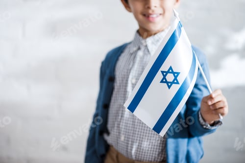 Preview: cropped view of smiling jewish boy holding flag of israel