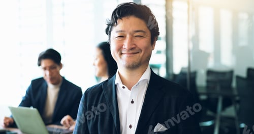 Preview: Portrait, Japanese businessman and pride in office for teamwork, collaboration and networking. Male