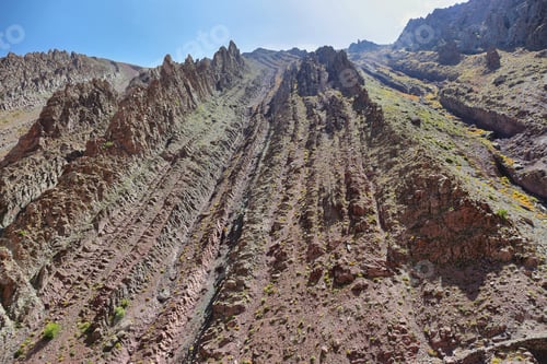 Preview: Colorful rugged mountains and river along Markha Valley trek, Ladakh, India.