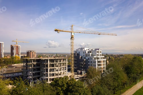 Preview: Aerial view of high residential apartment buildings under construction. Real estate development.