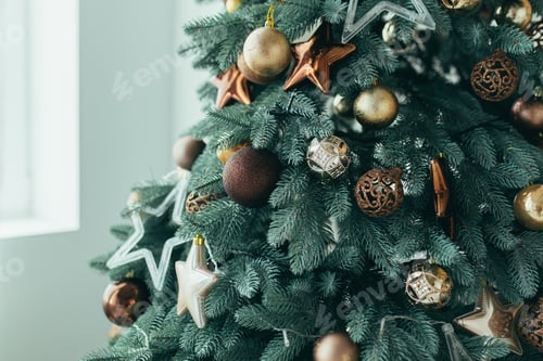 Preview: Close-up photo of a blue Christmas tree branch decorated with gold and silver decor