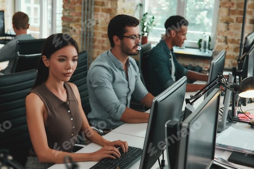 Preview: Daily routine. Group of young employees working on computers while sitting in modern open space
