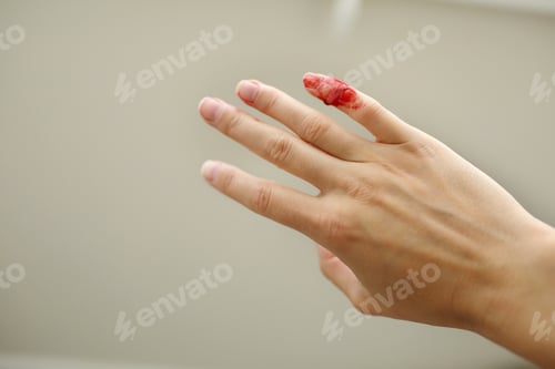 Preview: Female hand with red blood, little finger is bleeding profusely. Woman injured her little finger