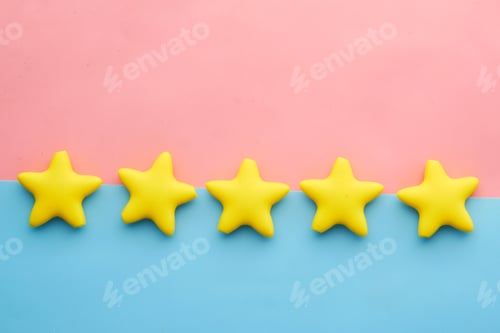 Preview: Customer review concept. Rating golden stars on blue background