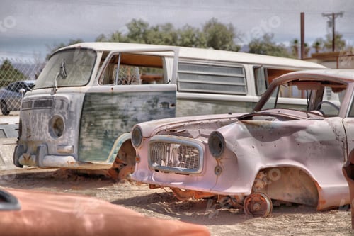 Preview: Closeup of old rusty destroyed vehicles shot in car cemetery