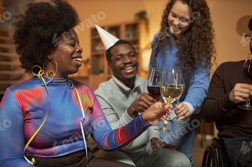 Preview: Black Woman Clinking Glasses with Group of Friends at Party