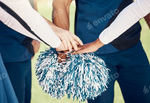 Preview: Cheerleader, sports motivation or hands in huddle with support, hope or faith on field in game. Tea
