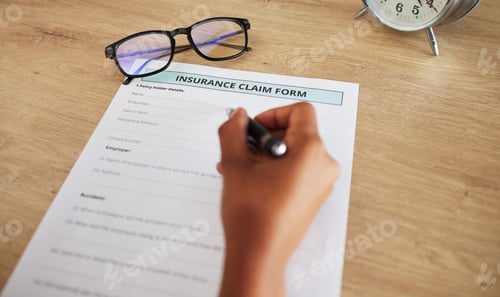 Preview: Legal form, hands and person with insurance lawyer and writing with document and paperwork at law f
