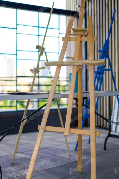 Preview: A close-up of easel for painting that stands in the studio concept of the love of fine art