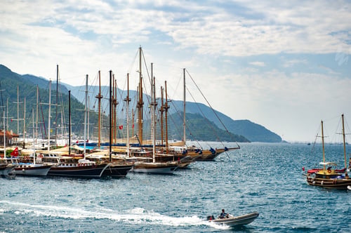 Preview: Ships with masts in the bay of Marmaris.Turkey