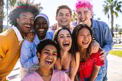 Preview: Multiethnic group of young happy friends hanging out