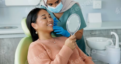 Preview: Dentist, teeth and woman with mirror for dental care, medical appointment or consultation at clinic