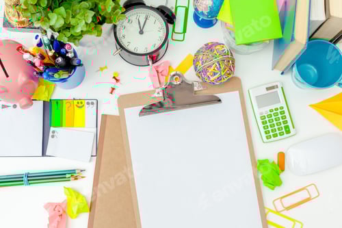 Preview: Work place of a creative person with a variety of colorful stationery objects