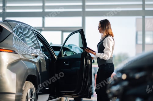 Preview: Professional car saleswoman demonstrates features to potential buyer.