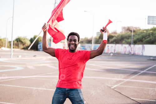 Preview: Young man celebrating a goal for his team in the championship and holding the flag and a horn.