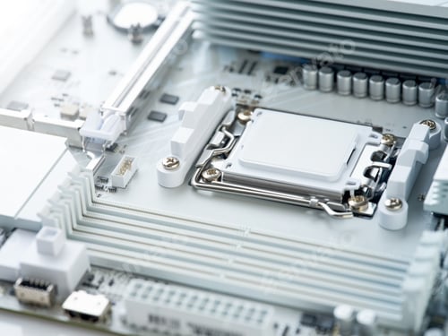 Preview: White computer motherboard without CPU cooler. Selective focus. Computer circuit board background. M