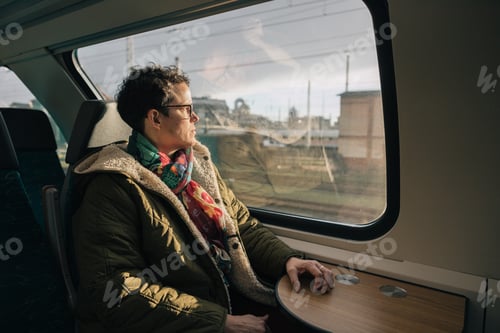 Preview: Woman looking out the window while traveling on a train