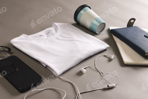 Preview: T-Shirt, Notebook, and Mobile Phone on Desk