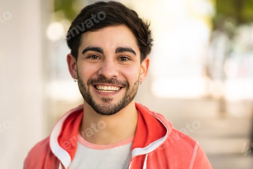 Preview: Close-up of young man smiling outdoors.
