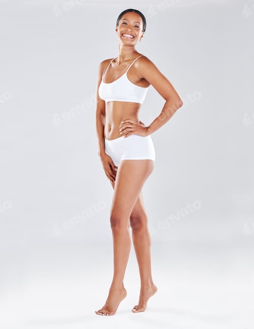 Preview: Full body, standing in underwear and woman with smile in portrait for fitness, health and wellness