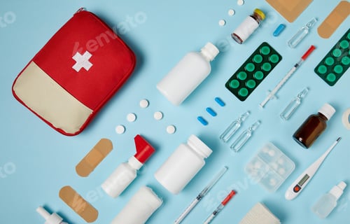Preview: First aid kit concept, medicine equipment set in a suitcase box