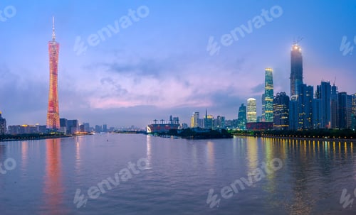 Preview: Guangzhou, China skyline on the river at dusk.