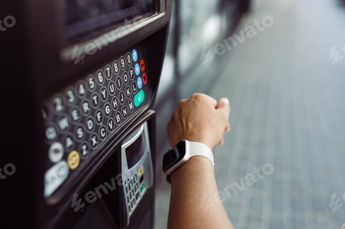 Preview: Person making contactless payment with smart watch to pay for parking. NFC technology