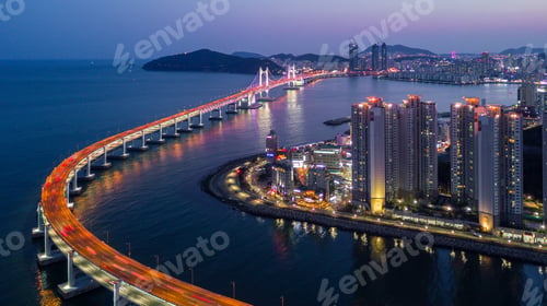 Preview: Aerial view Busan City skyline and skyscraper cityscape at night, Busan South Korea at night
