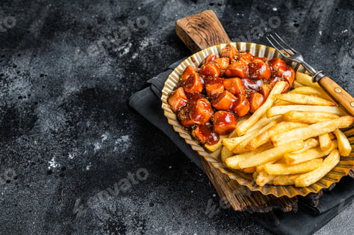Preview: German currywurst with french fry served in a steel plate. Black background. Top view. Copy space