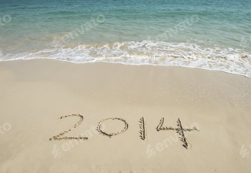 Preview: Year 2014 Hand Written On The White Sand In Front Of The Sea