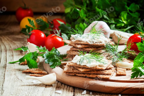 Preview: Crispy bread with soft cheese and herbs, selective focus
