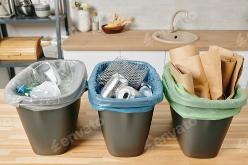 Preview: Row of three trash bins with sorted garbage