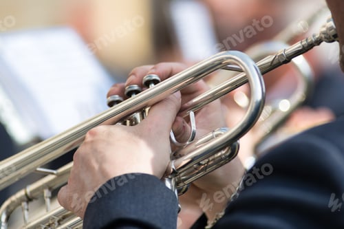 Preview: Details of man's hands playing the trumpet